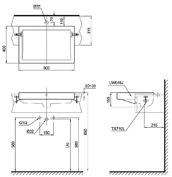 Ảnh 3 sản phẩm Chậu rửa mặt cao cấp lavabo bán âm bàn LW646JWFW TOTO LW646JW-FW mã LW646JW-FW